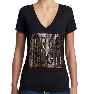 True Religion Women's Deep V Sequin Logo Tee